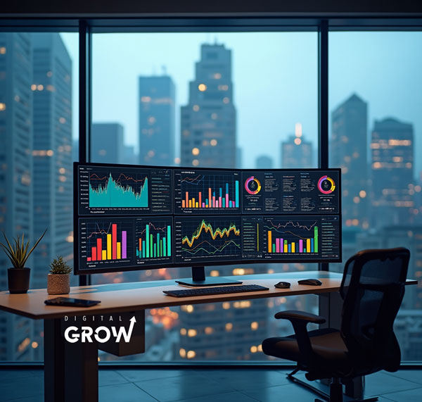 An eye-catching image of a digital workspace featuring multiple screens displaying colorful graphs and marketing data, symbolizing the high-tech, efficient environment of Grow Digital. The setting includes a modern, minimalist desk with a sleek, ergonomic office chair. In the background, large windows reveal a bustling cityscape, suggesting a dynamic and forward-thinking company location. The room is well-lit, with subtle yet modern decor accents that convey a professional yet creative atmosphere, perfectly capturing the essence of a leading digital marketing firm.