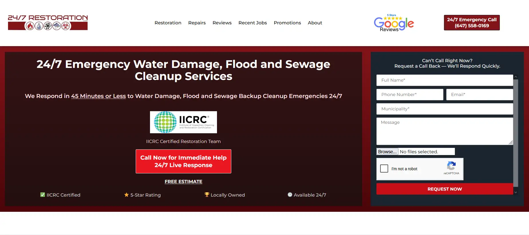 landing page of 247restoration.ca