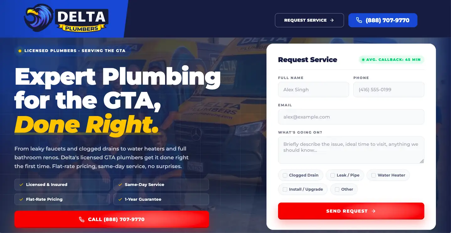 landing page for Google Ads delta plumbers in toronto gta