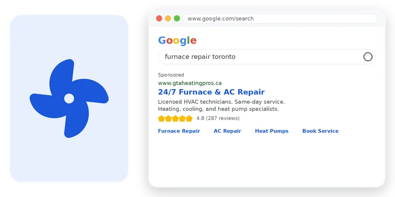 Google Search ad image for hvac, furnace repair, sump pump searches