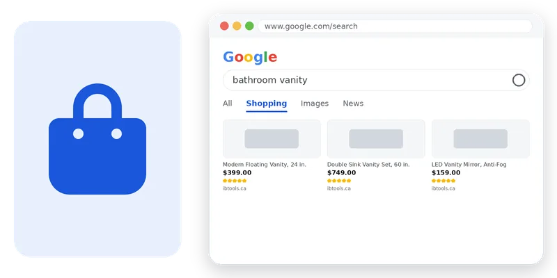 Google Shopping results mockup for eCommerce & online stores