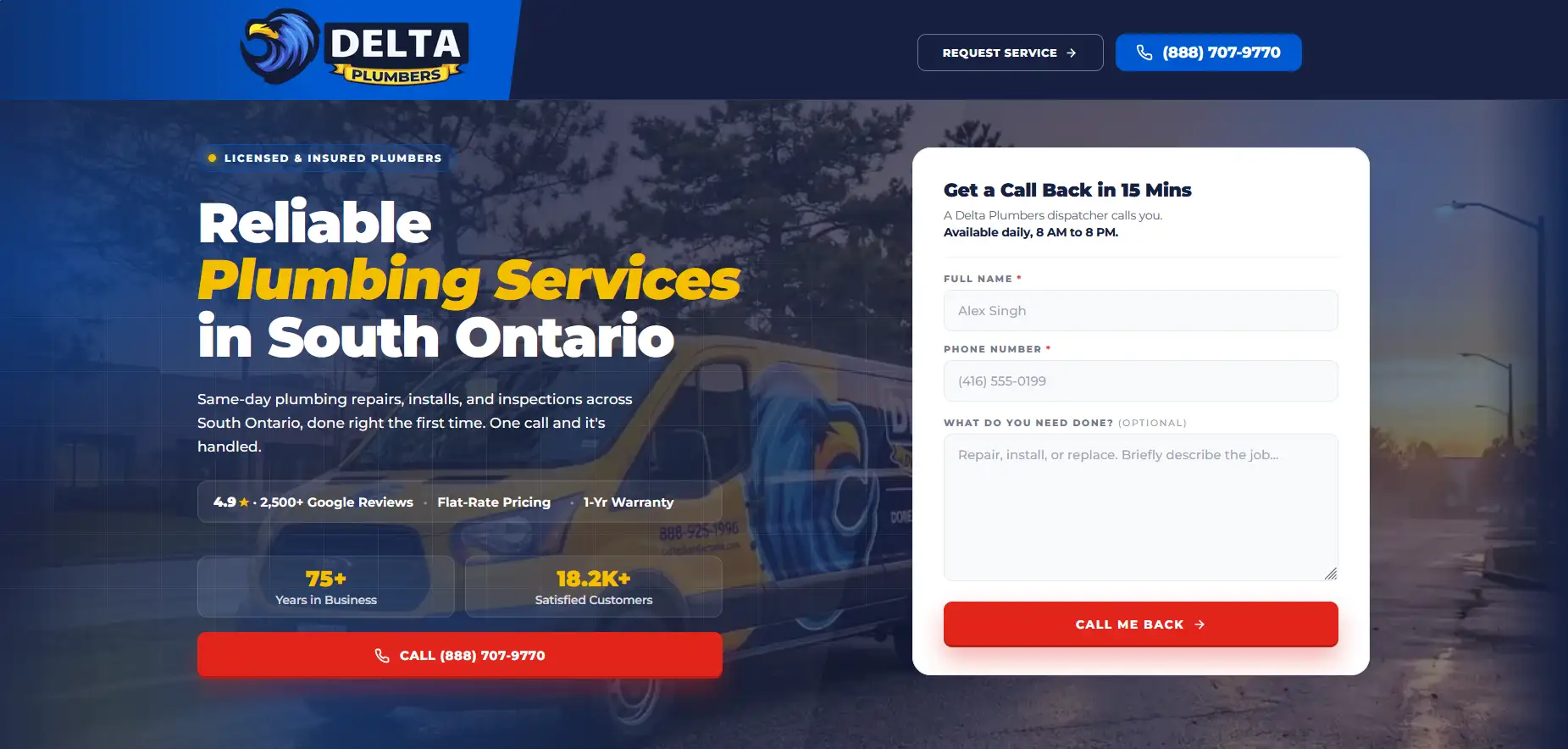 Delta Plumbers Google Ads landing page optimized by Grow Digital