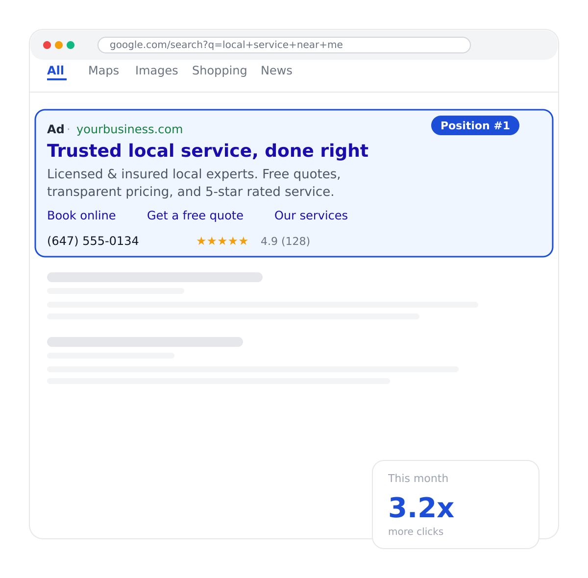 Google Search ad ranked position one above competitor listings