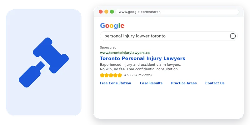 Google Search ad mockup for law firms and personal injury lawyer searches